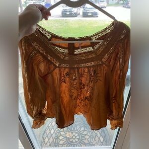 Free People Orange Embroidered Blouse XS